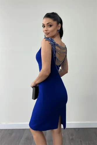 Crepe Fabric Back Beaded Pencil Dress - SAXE BLUE - 4
