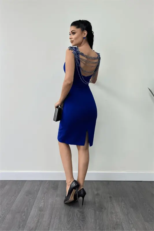 Crepe Fabric Back Beaded Pencil Dress - SAXE BLUE - 5