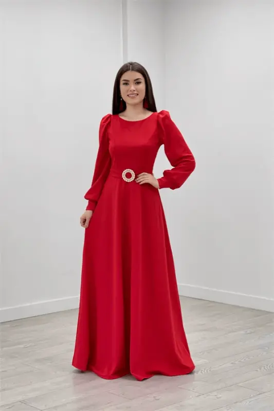 Crepe Fabric Belt Detail Maxi Dress - RED - 2