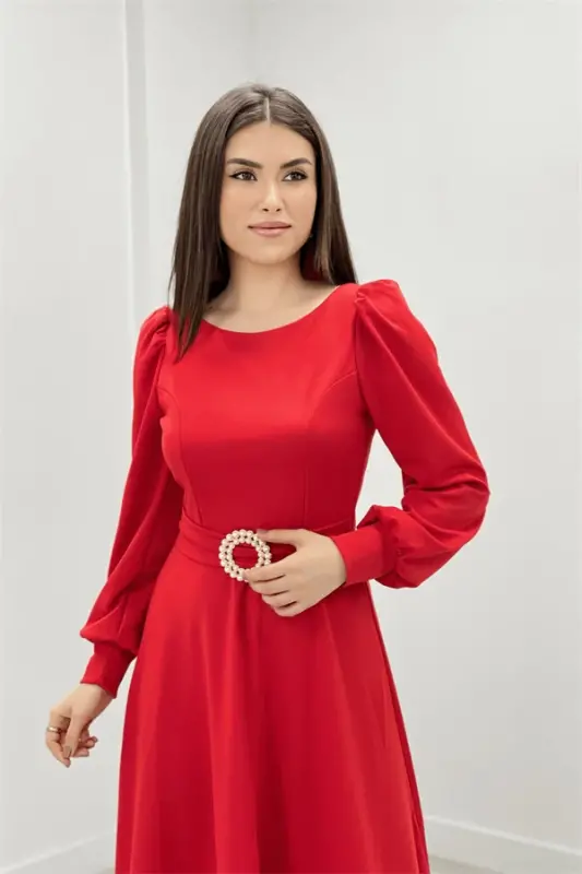 Crepe Fabric Belt Detail Maxi Dress - RED - 3