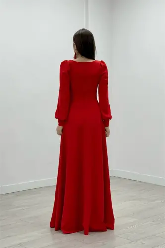 Crepe Fabric Belt Detail Maxi Dress - RED - 5