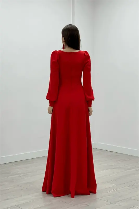 Crepe Fabric Belt Detail Maxi Dress - RED - 5