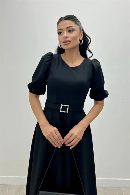 Crepe Fabric Belt Detailed Dress - BLACK - 1