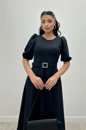 Crepe Fabric Belt Detailed Dress - BLACK - BÜYÜKBEDENIZ (1)