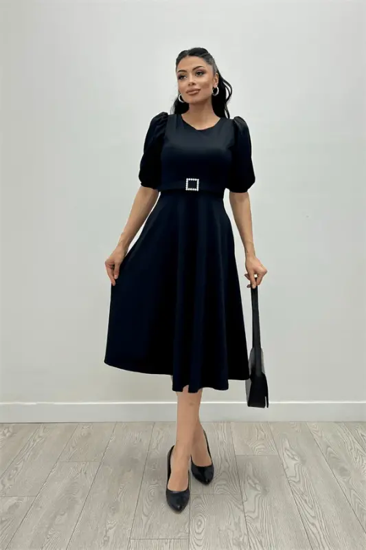 Crepe Fabric Belt Detailed Dress - BLACK - 3