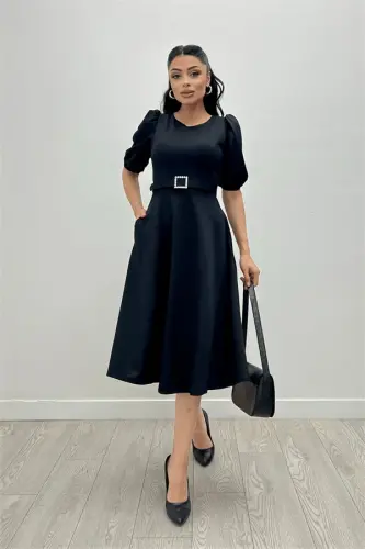 Crepe Fabric Belt Detailed Dress - BLACK - 4