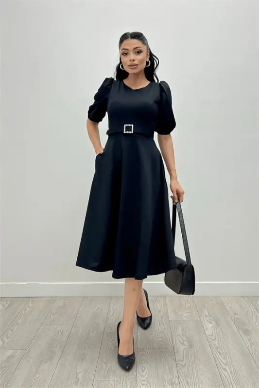 Crepe Fabric Belt Detailed Dress - BLACK - 4