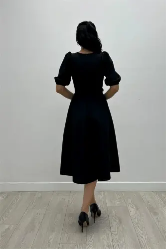 Crepe Fabric Belt Detailed Dress - BLACK - 5