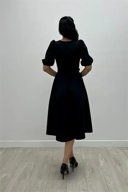 Crepe Fabric Belt Detailed Dress - BLACK - 5