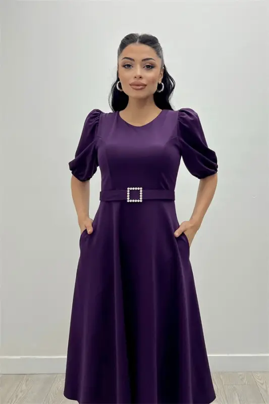 Crepe Fabric Belt Detailed Dress - EGGPLANT PURPLE - 1