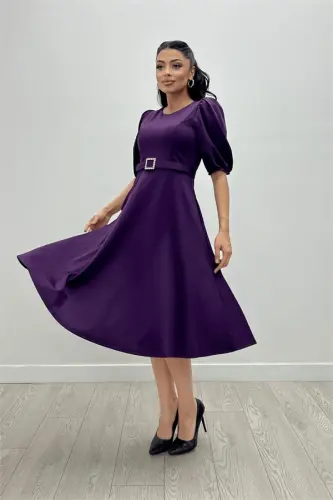Crepe Fabric Belt Detailed Dress - EGGPLANT PURPLE - BÜYÜKBEDENIZ (1)