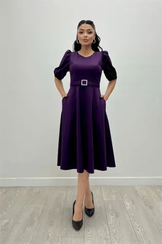 Crepe Fabric Belt Detailed Dress - EGGPLANT PURPLE - 3