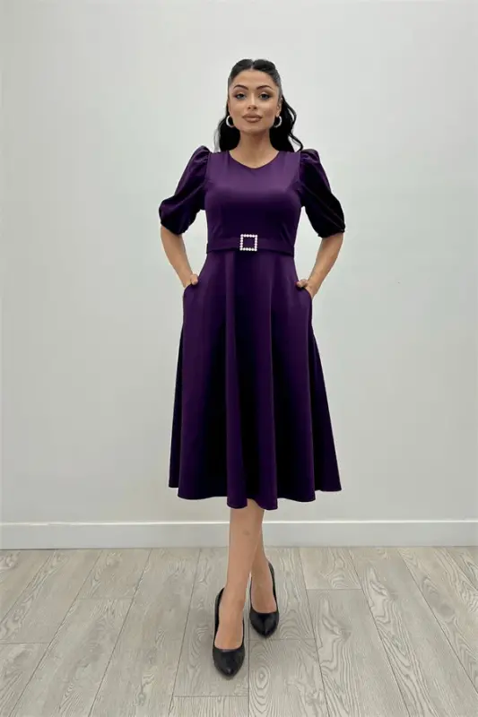 Crepe Fabric Belt Detailed Dress - EGGPLANT PURPLE - 3