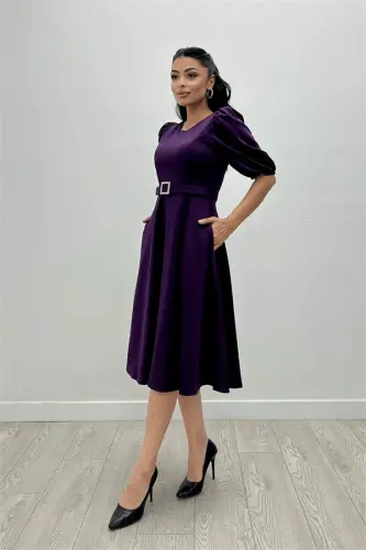 Crepe Fabric Belt Detailed Dress - EGGPLANT PURPLE - 4