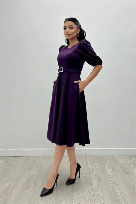 Crepe Fabric Belt Detailed Dress - EGGPLANT PURPLE - 4