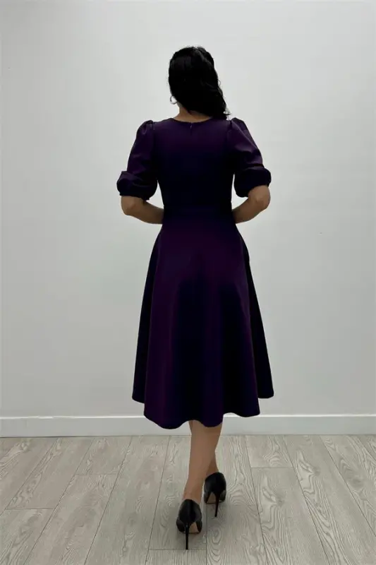 Crepe Fabric Belt Detailed Dress - EGGPLANT PURPLE - 5
