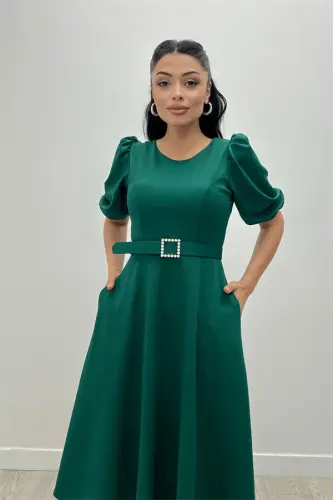 Crepe Fabric Belt Detailed Dress - EMERALD GREEN - 1