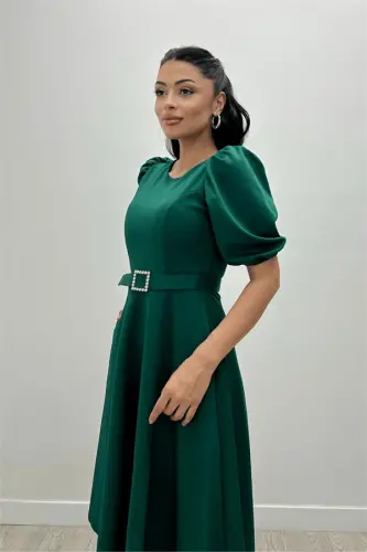 Crepe Fabric Belt Detailed Dress - EMERALD GREEN - BÜYÜKBEDENIZ (1)