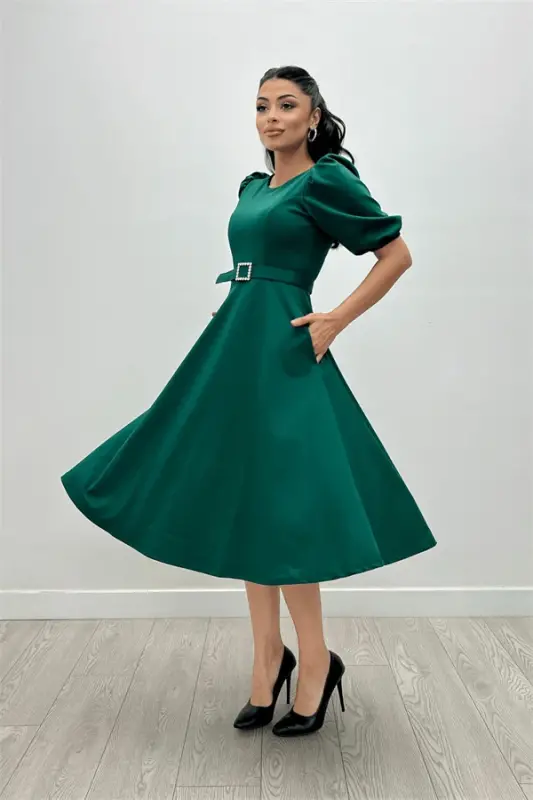 Crepe Fabric Belt Detailed Dress - EMERALD GREEN - 3