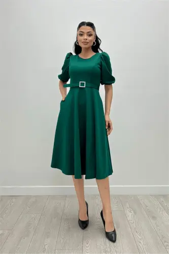 Crepe Fabric Belt Detailed Dress - EMERALD GREEN - 4