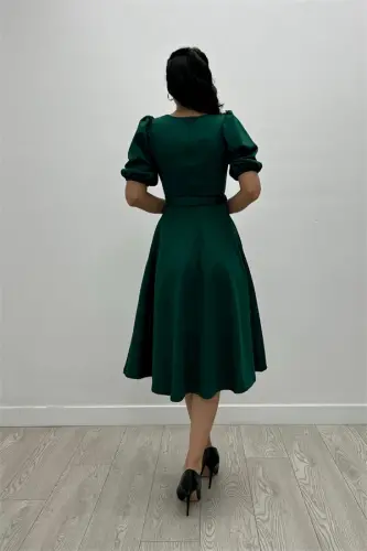 Crepe Fabric Belt Detailed Dress - EMERALD GREEN - 5