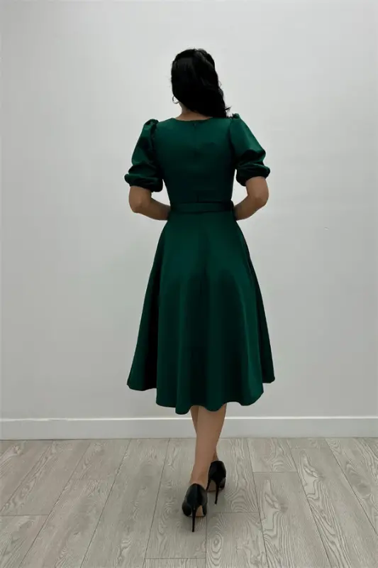 Crepe Fabric Belt Detailed Dress - EMERALD GREEN - 5