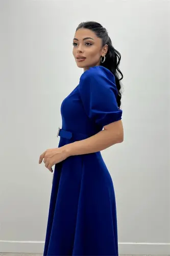 Crepe Fabric Belt Detailed Dress - SAX BLUE - 4