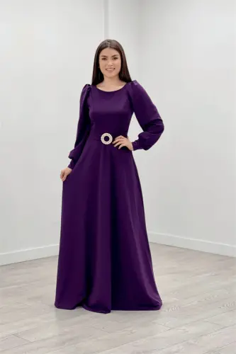 Crepe Fabric Belt Detailed Evening Dress - EGGPLANT PURPLE - 1