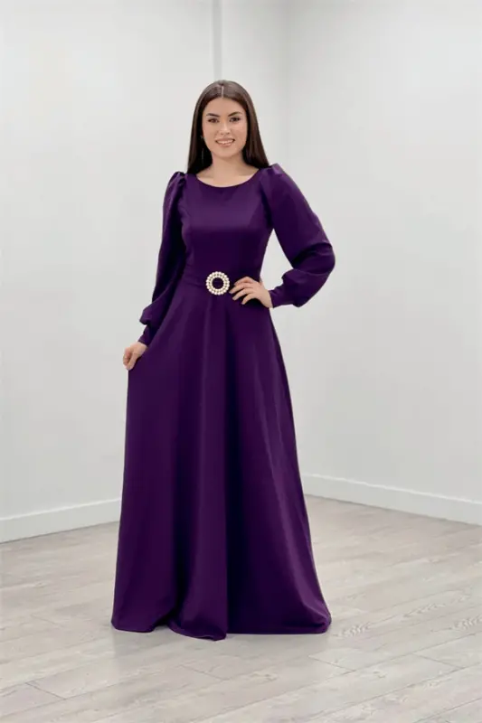 Crepe Fabric Belt Detailed Evening Dress - EGGPLANT PURPLE - 1
