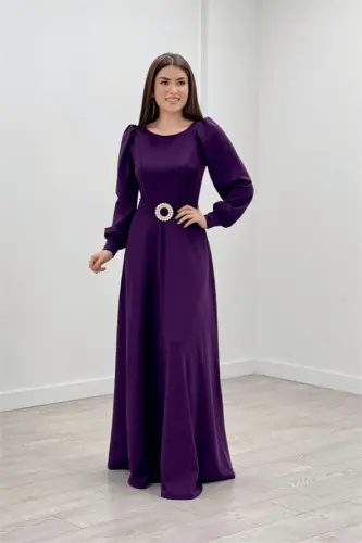 Crepe Fabric Belt Detailed Evening Dress - EGGPLANT PURPLE - BÜYÜKBEDENIZ (1)
