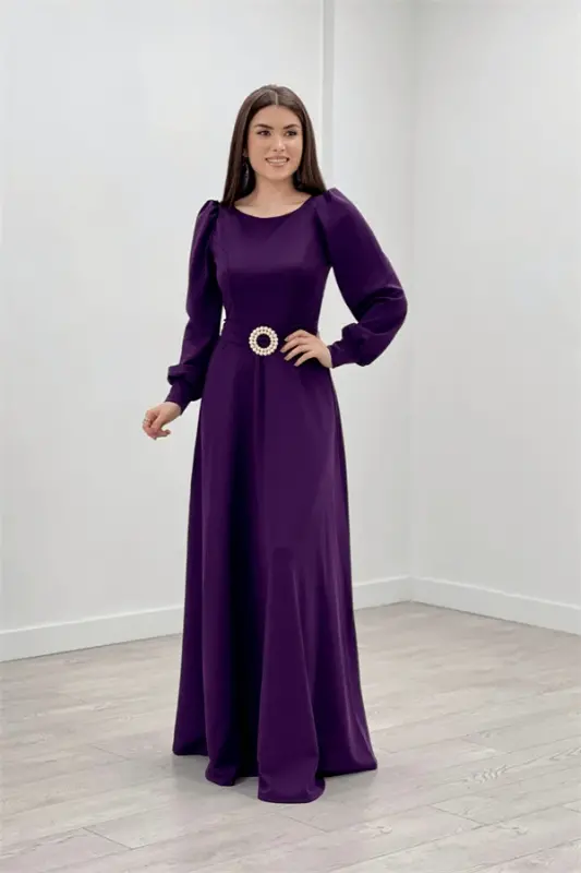 Crepe Fabric Belt Detailed Evening Dress - EGGPLANT PURPLE - 2