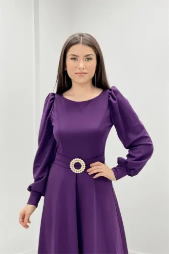Crepe Fabric Belt Detailed Evening Dress - EGGPLANT PURPLE - 3