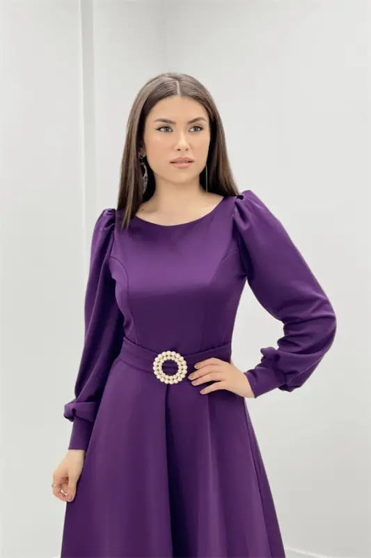 Crepe Fabric Belt Detailed Evening Dress - EGGPLANT PURPLE - 4