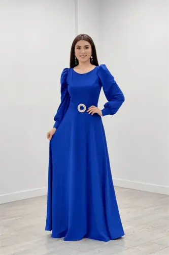 Crepe Fabric Belt Detailed Evening Dress - SAPPHIRE BLUE - 1