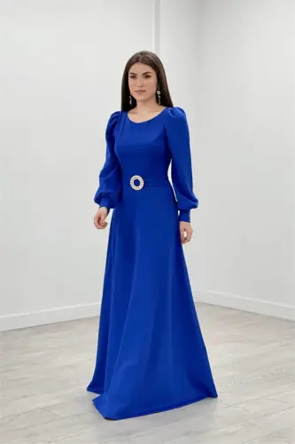 Crepe Fabric Belt Detailed Evening Dress - SAPPHIRE BLUE - BÜYÜKBEDENIZ (1)
