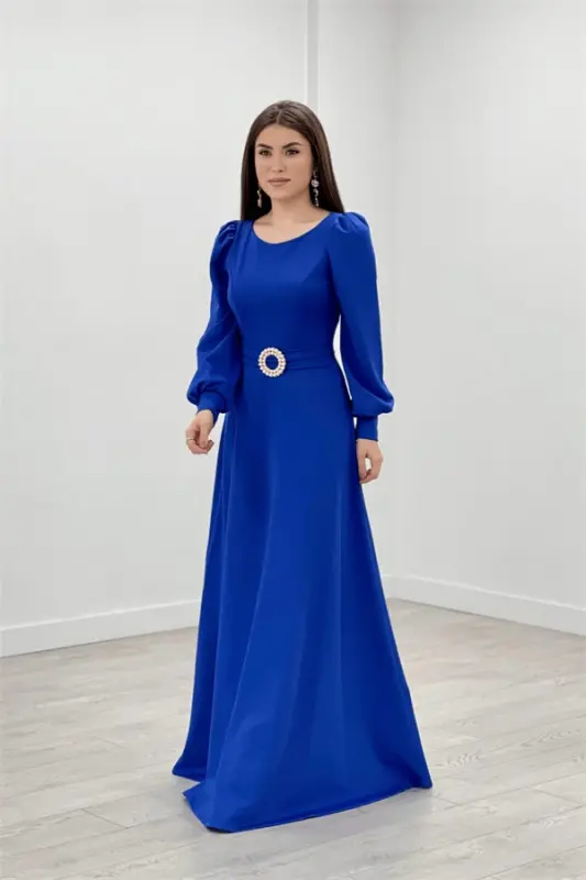 Crepe Fabric Belt Detailed Evening Dress - SAPPHIRE BLUE - 2