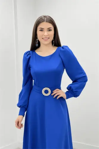 Crepe Fabric Belt Detailed Evening Dress - SAPPHIRE BLUE - 4