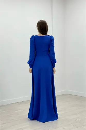 Crepe Fabric Belt Detailed Evening Dress - SAPPHIRE BLUE - 5