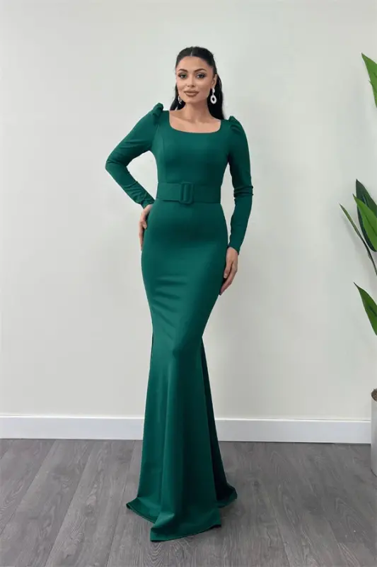 Crepe Fabric Belt Detailed Fish Dress - EMERALD GREEN - BÜYÜKBEDENIZ