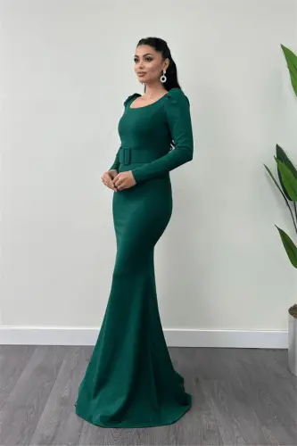 Crepe Fabric Belt Detailed Fish Dress - EMERALD GREEN - BÜYÜKBEDENIZ (1)