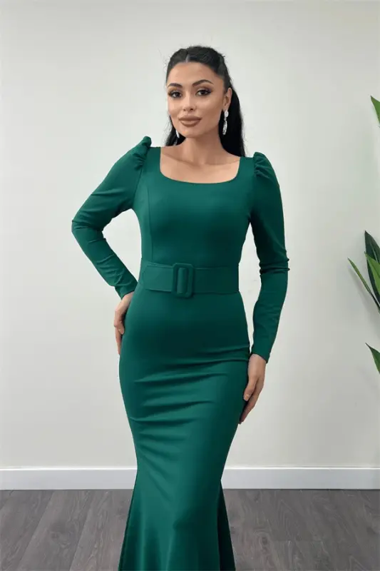 Crepe Fabric Belt Detailed Fish Dress - EMERALD GREEN - 3