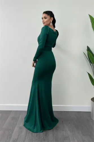 Crepe Fabric Belt Detailed Fish Dress - EMERALD GREEN - 5