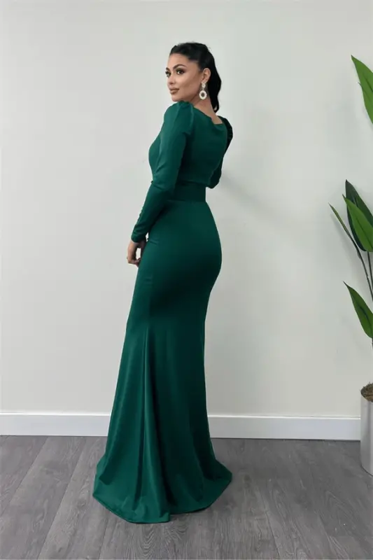 Crepe Fabric Belt Detailed Fish Dress - EMERALD GREEN - 5