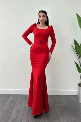 Crepe Fabric Belt Detailed Fish Dress - RED - 1