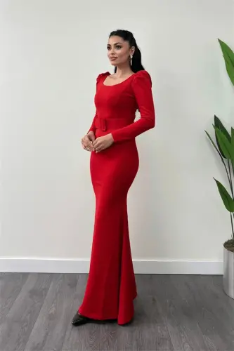 Crepe Fabric Belt Detailed Fish Dress - RED - BÜYÜKBEDENIZ (1)