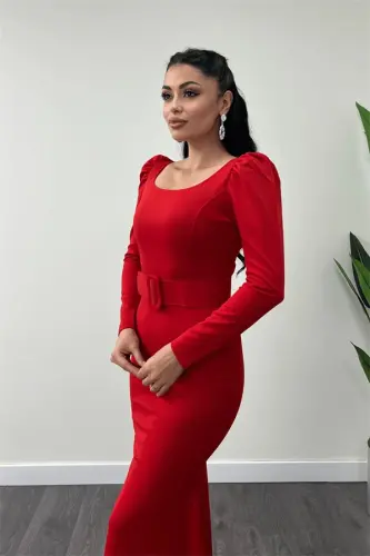 Crepe Fabric Belt Detailed Fish Dress - RED - 3