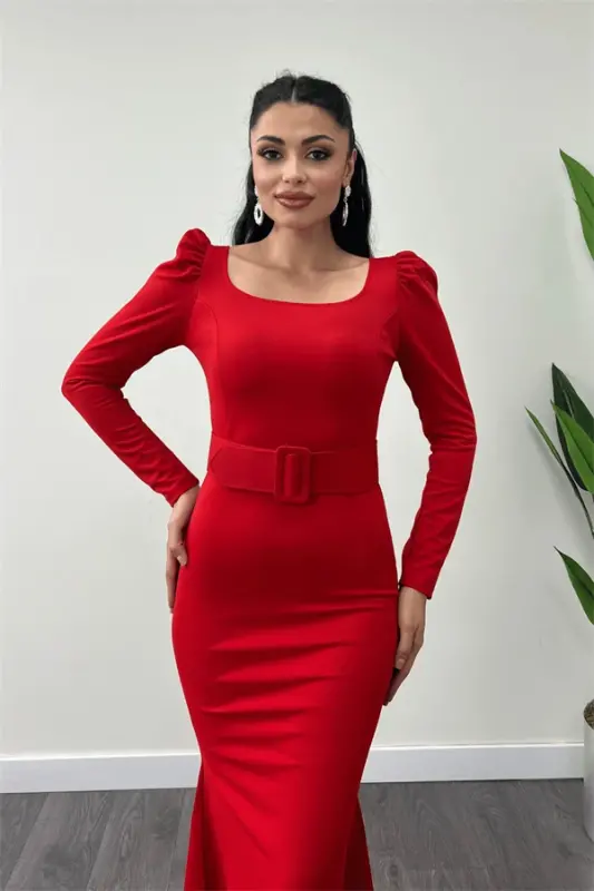 Crepe Fabric Belt Detailed Fish Dress - RED - 4