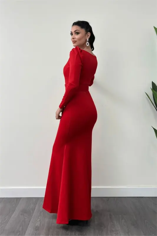 Crepe Fabric Belt Detailed Fish Dress - RED - 5