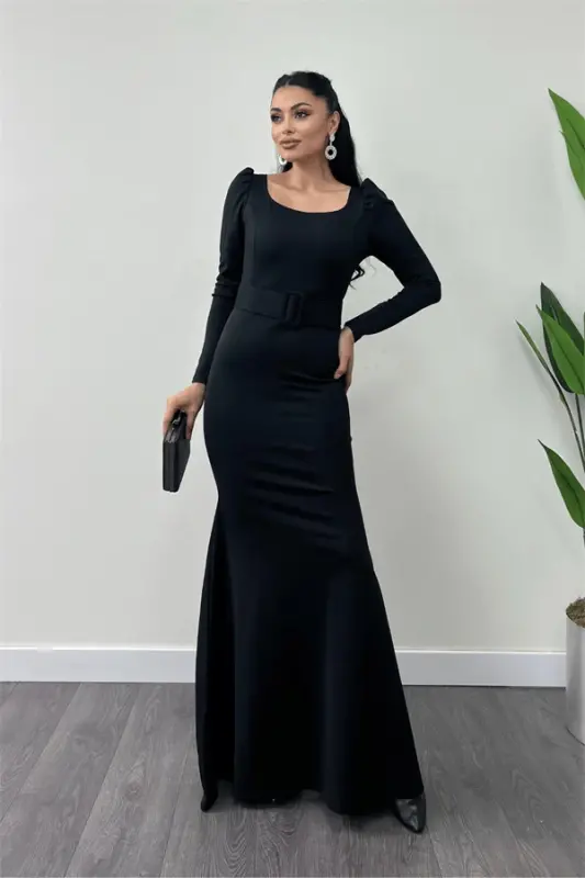 Crepe Fabric Belt Detailed Fishtail Dress - BLACK - BÜYÜKBEDENIZ