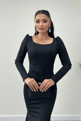 Crepe Fabric Belt Detailed Fishtail Dress - BLACK - 3